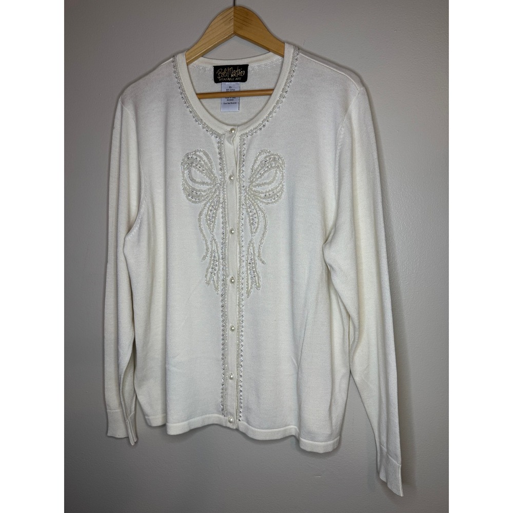Bob Mackie Wearable Art Ivory Beaded Bow Cardigan Sweater Pearl Button Womens XL